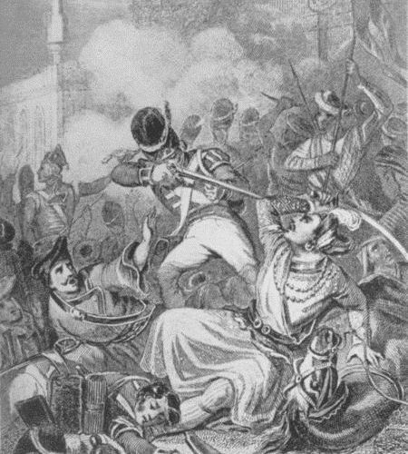 The death of Tippo-Sahib at the storming of Seringapatam. From a painting by R. de Moraine.