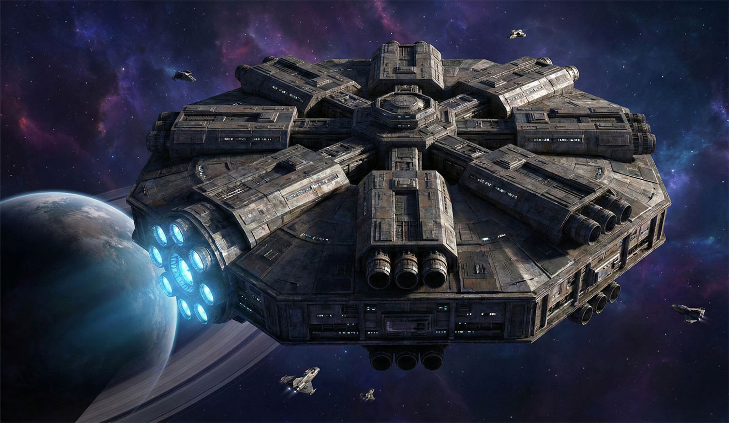 Spaceship crossing the planet Saturn